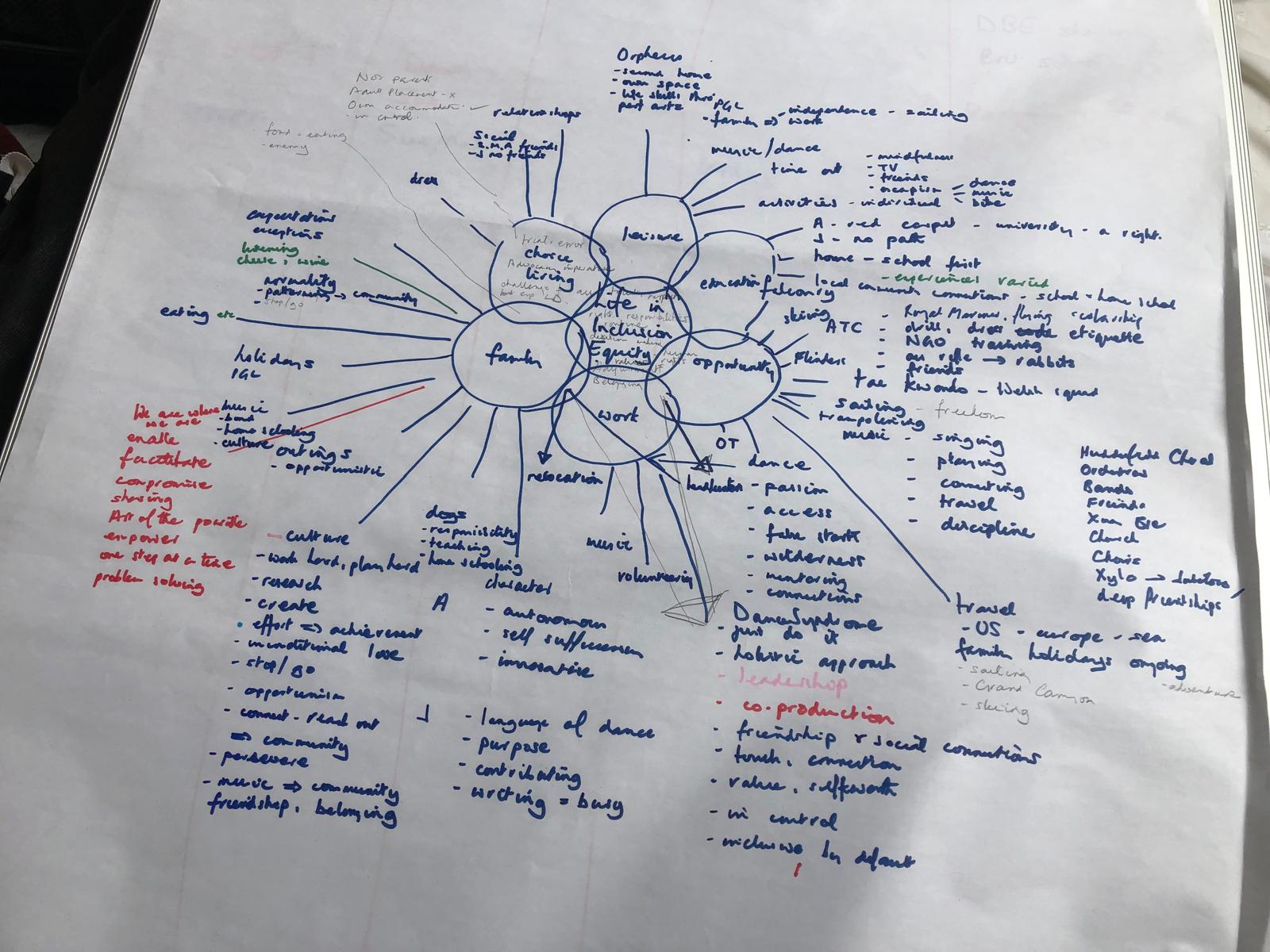 written mind map with Life in Inclusion Equity in the centre