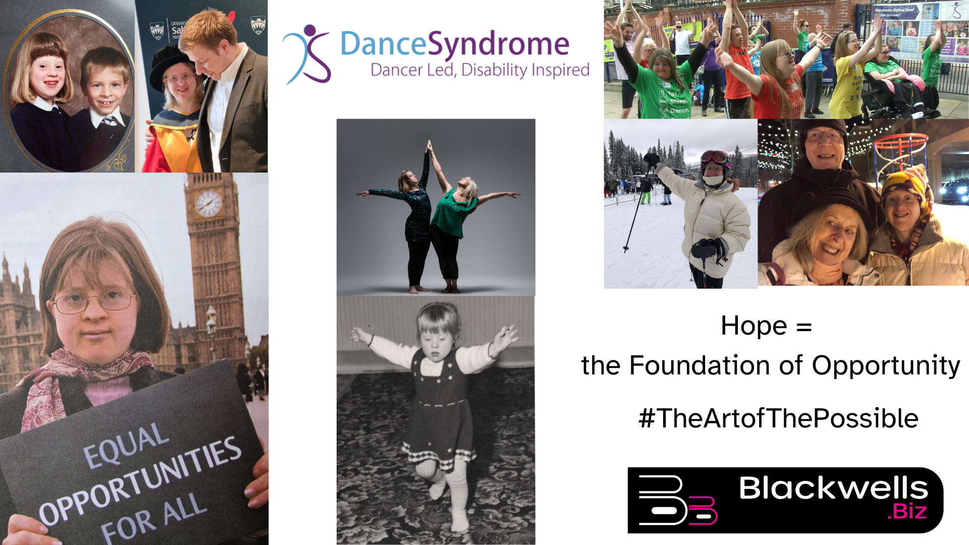 Photo collage of the blackwell family from Jen as a toddler dancing to standing outside Big Ben holding a banner Equal Opportunities for all and skiing
