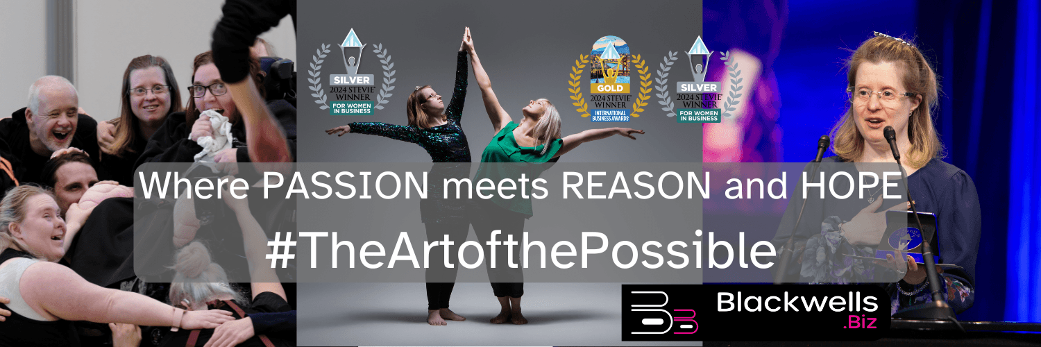 Collage of photos of people having fun, dancing together and lady with downs syndrome as a key note speaker on stage. Words say Where Passion meets Reason and Hope #TheArtofThePossible