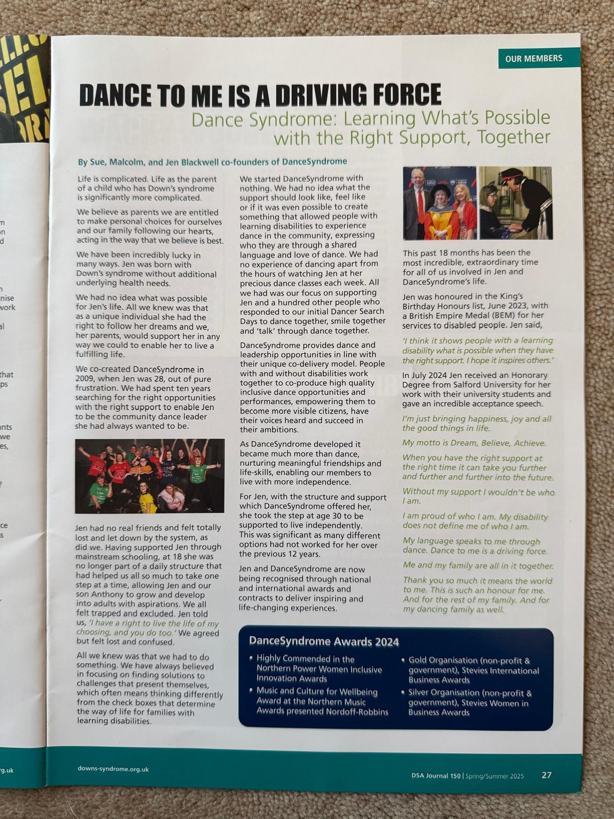 Magazine article page from Downs syndrome association journal 2025