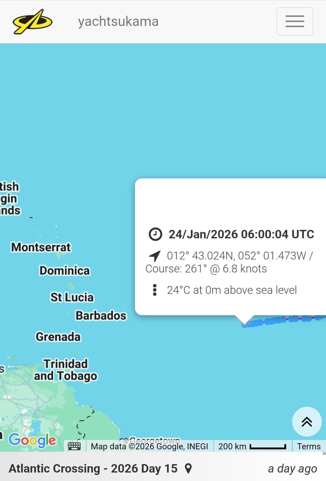 map of caribbean islands with marker showing yacht progress on 24 jan 2026