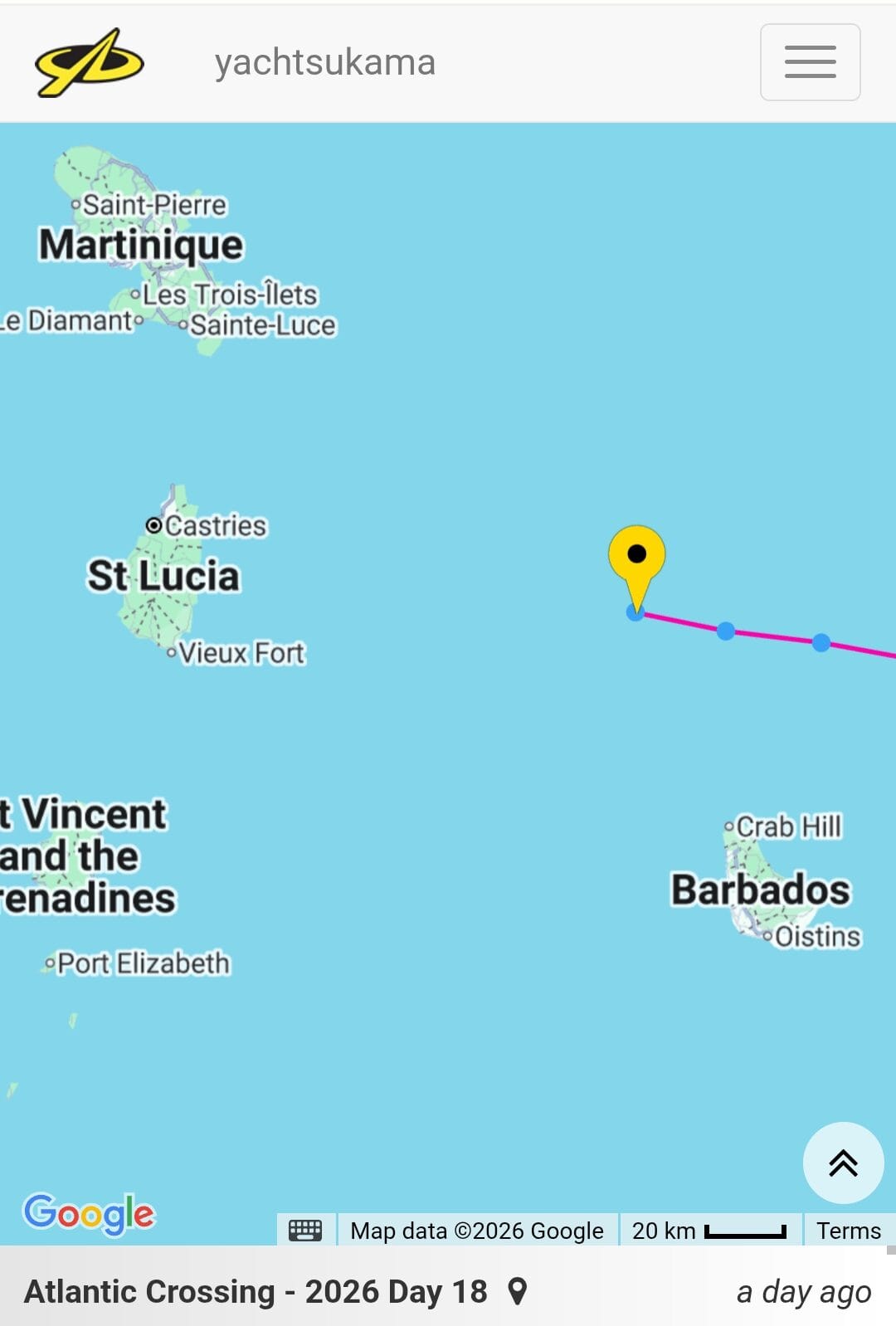 Tracking yacht on map north of Barbados and east of St Lucia