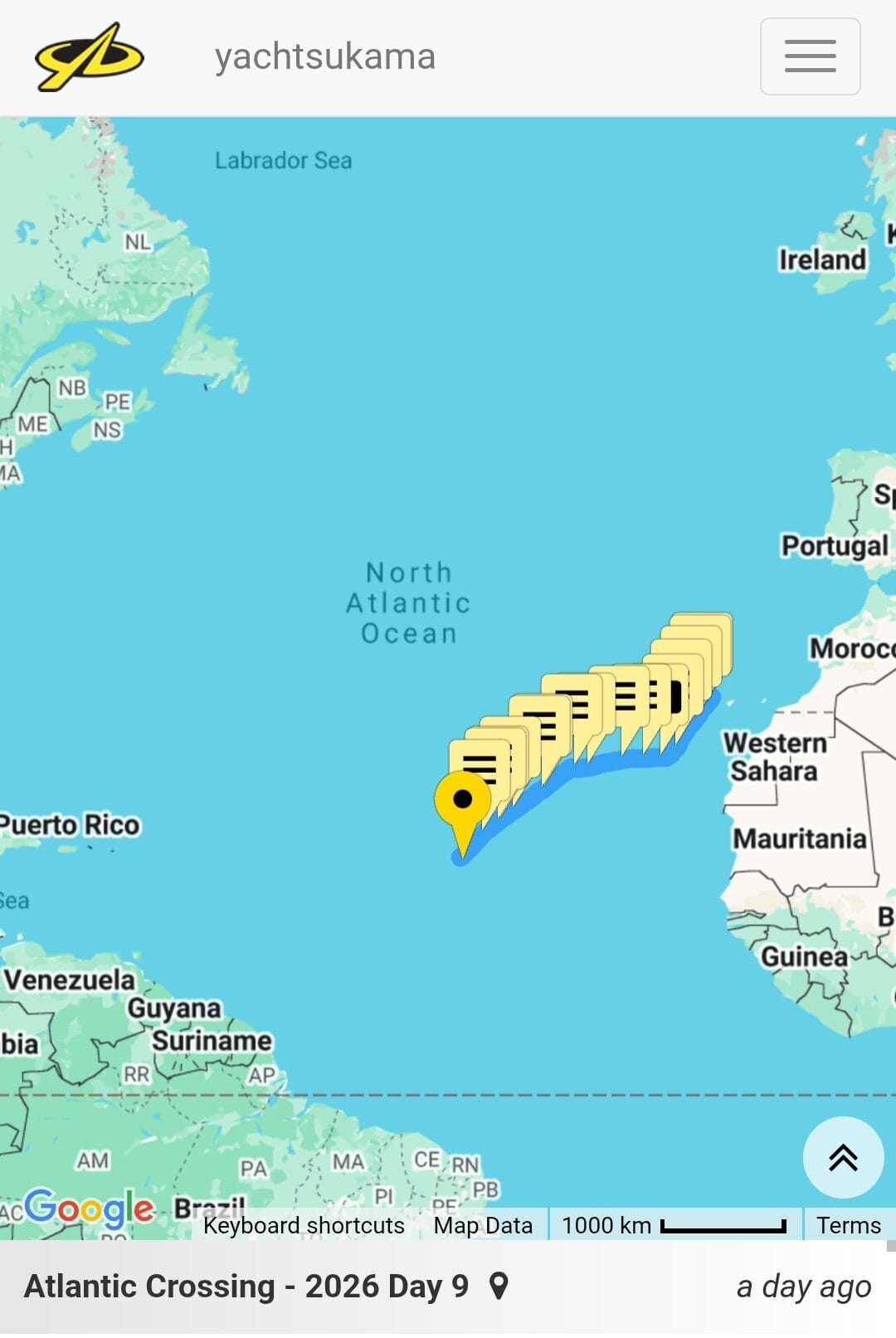 tracking sailing passage of yacht sukama across the Atlantic