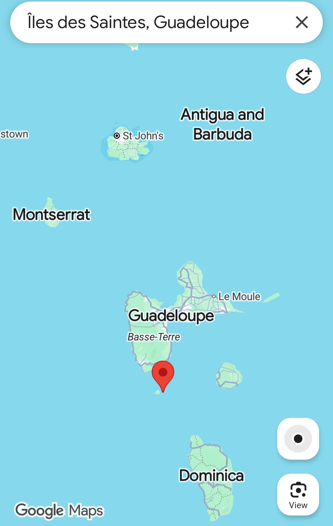 Antigua, Guadaloupe and Isles de Saintes with a pin in Isles de Saintes south of Guadaloupe