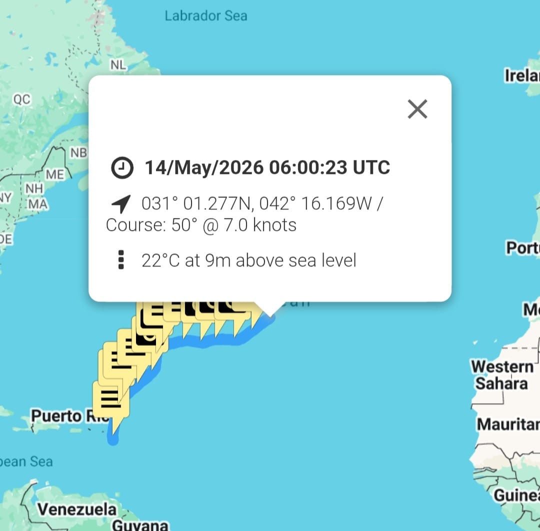 Track of yacht travelling across Atlantic Ocean west to east. Text marks 14 May 0600 UTC Course 50 degrees @ 7.0 knots