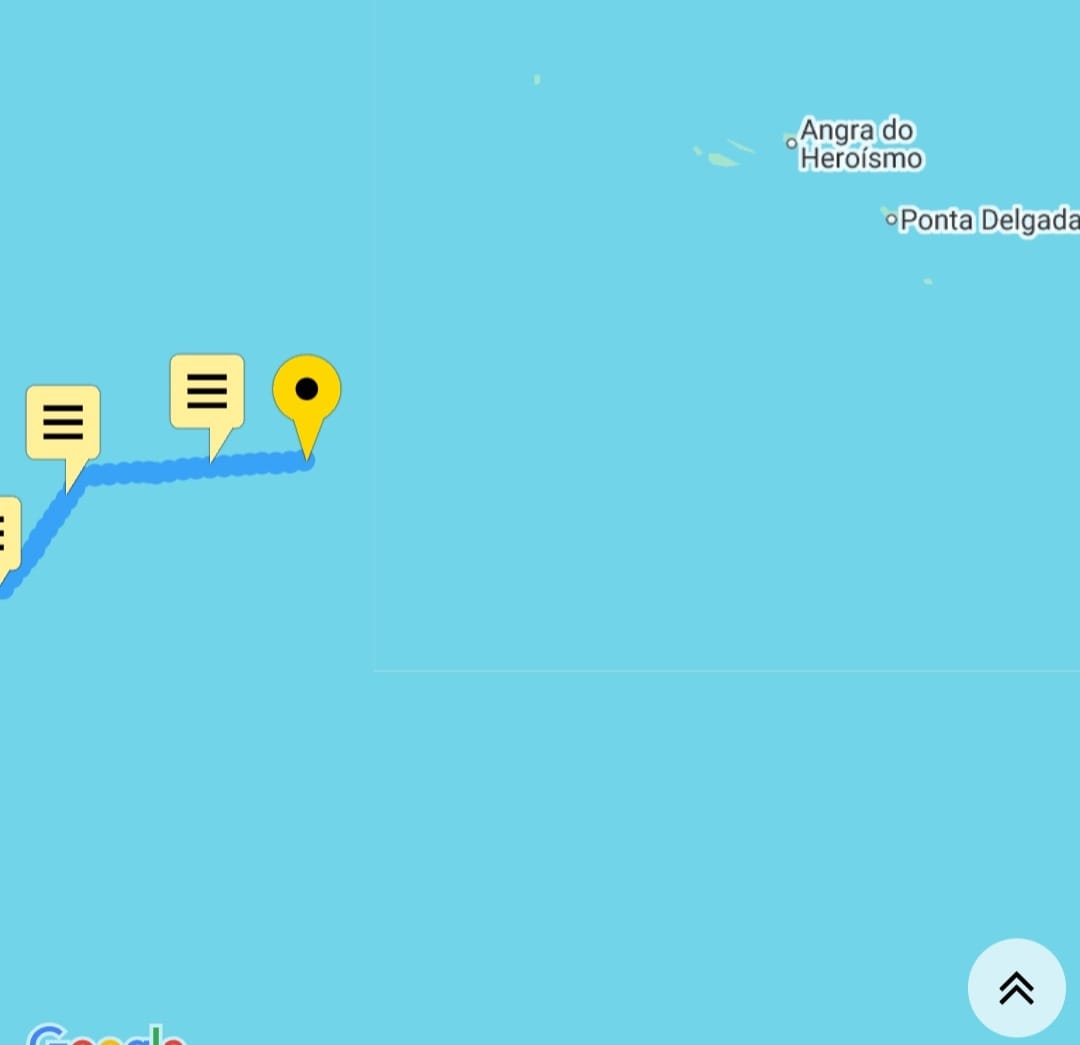 Map of sea with pin mark showing yacht position. Getting close to Azores and destination Ponta Delgada on far right of image
