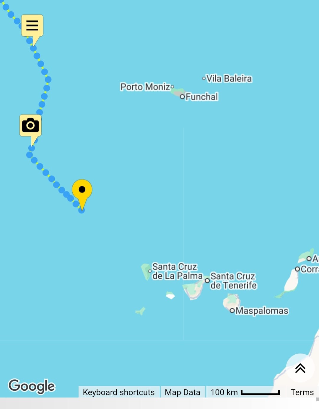 Yacht tracker with pin north west of Canary Isles
